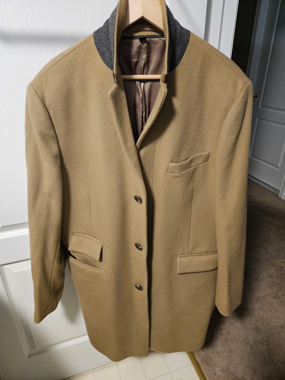 J. Crew Men's Camel Coat with Dark Gray Collar